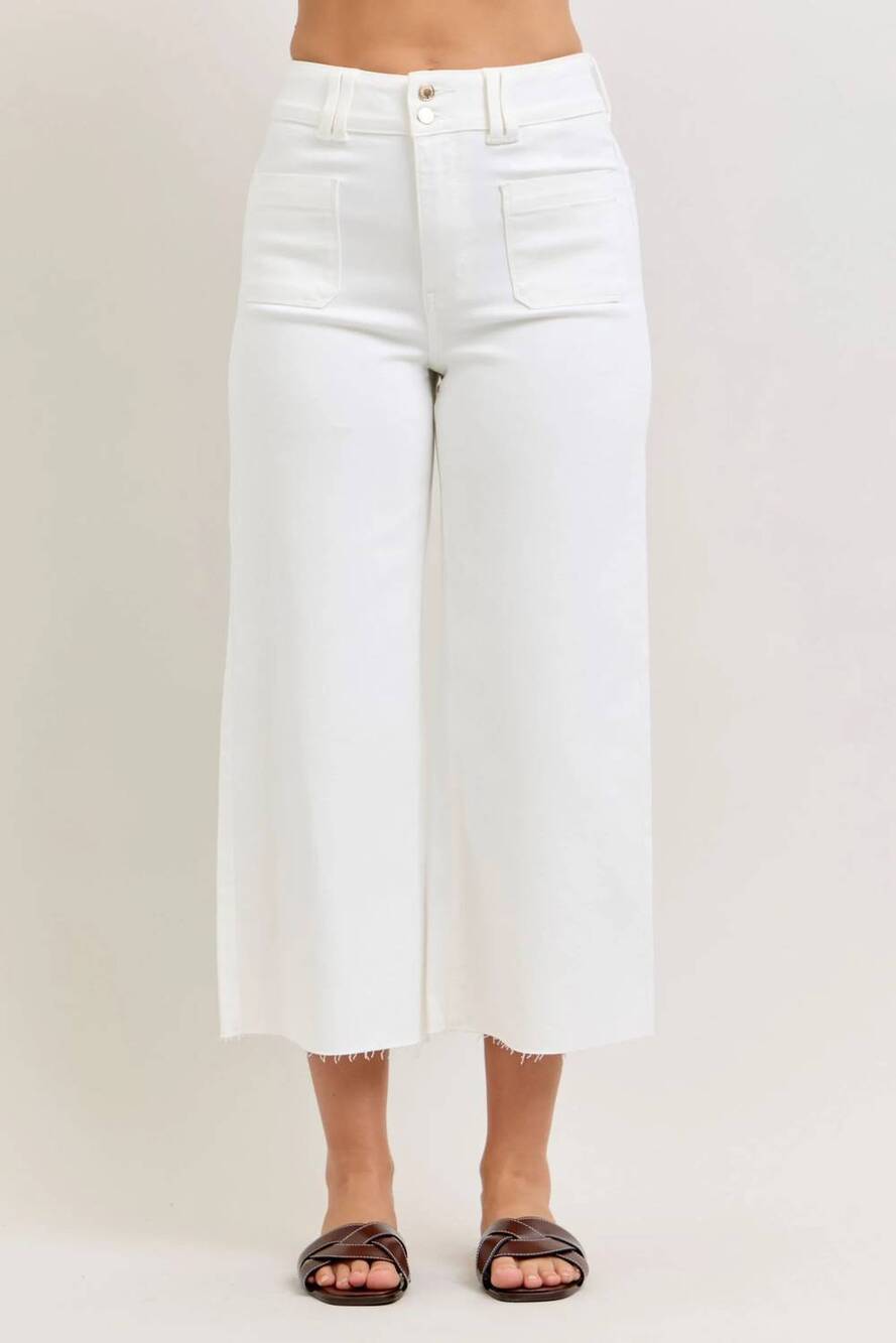 NEW JUDY BLUE high waist wide crop front patch pockets jeans in white
